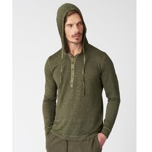 120% Lino Hooded Henley Shirt Men Large Long Sleeve Hoodie Linen Flax Army Green